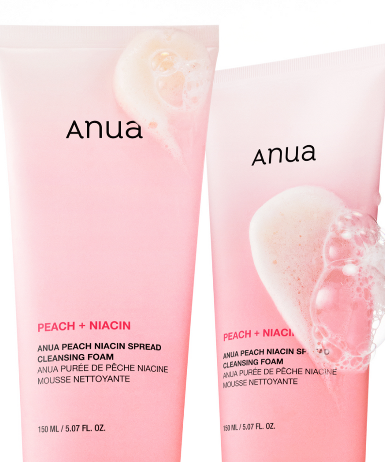 ANUA Peach Niacin Spread Cleansing Foam 150ml : mousse nettoyante à la pêche, marque Anua, flacons roses sur fond blanc