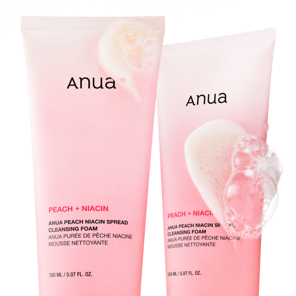ANUA Peach Niacin Spread Cleansing Foam 150ml : mousse nettoyante à la pêche, marque Anua, flacons roses sur fond blanc