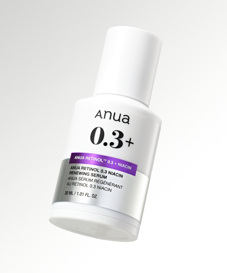 Flacon du sérum régénérant ANUA Retinol 0.3 Niacin Renewing Serum sur fond blanc.