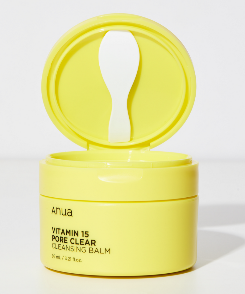 Décris l'image en français: ANUA Vitamin 15 Pore Clear Cleansing Balm 95ml de la marque ANUA, pot jaune sur fond clair.