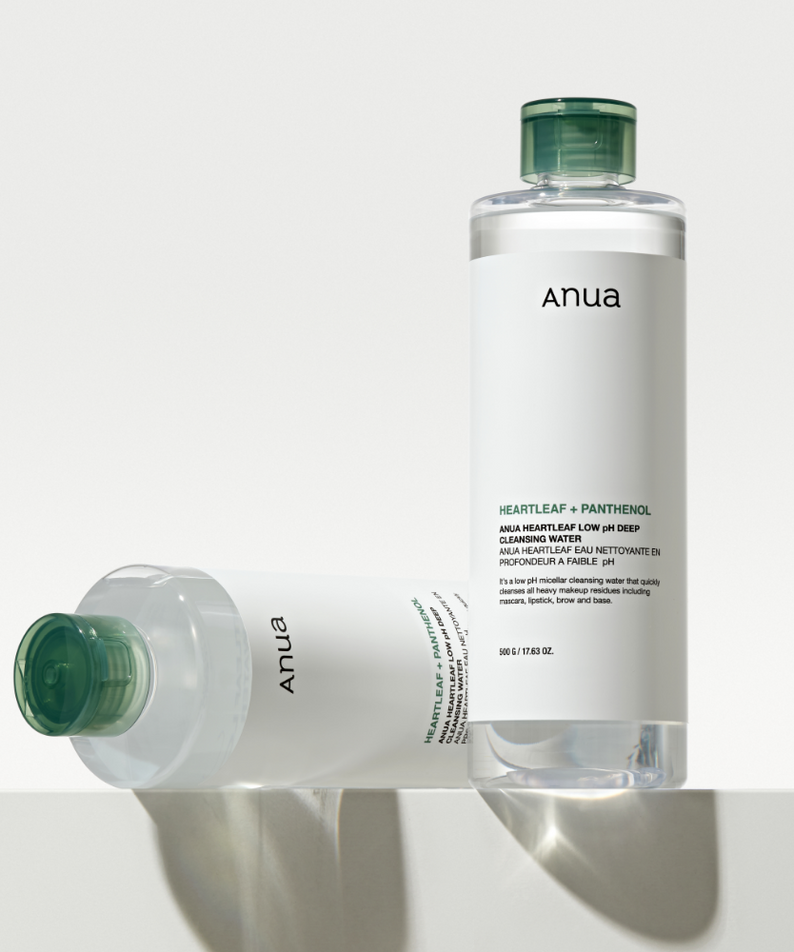 ANUA Heartleaf 87 + Panthenol Low ph Deep Cleansing Water 500ml, flacon blanc et vert sur fond clair, marque Anua