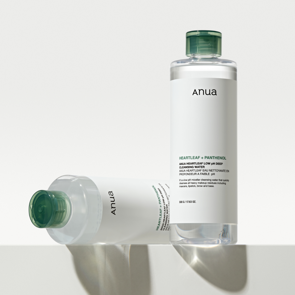 ANUA Heartleaf 87 + Panthenol Low ph Deep Cleansing Water 500ml, flacon blanc et vert sur fond clair, marque Anua
