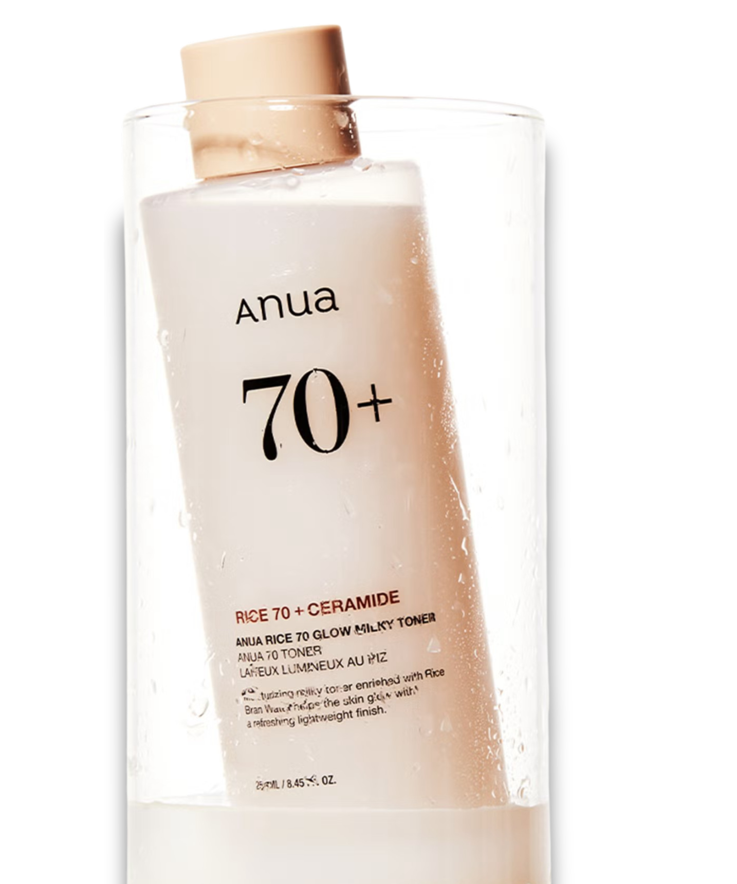 Décris l'image en français en mentionnant le produit, la marque et le contexte visuel : ANUA Rice 70 + Ceramide Glow Milky Toner 250ml