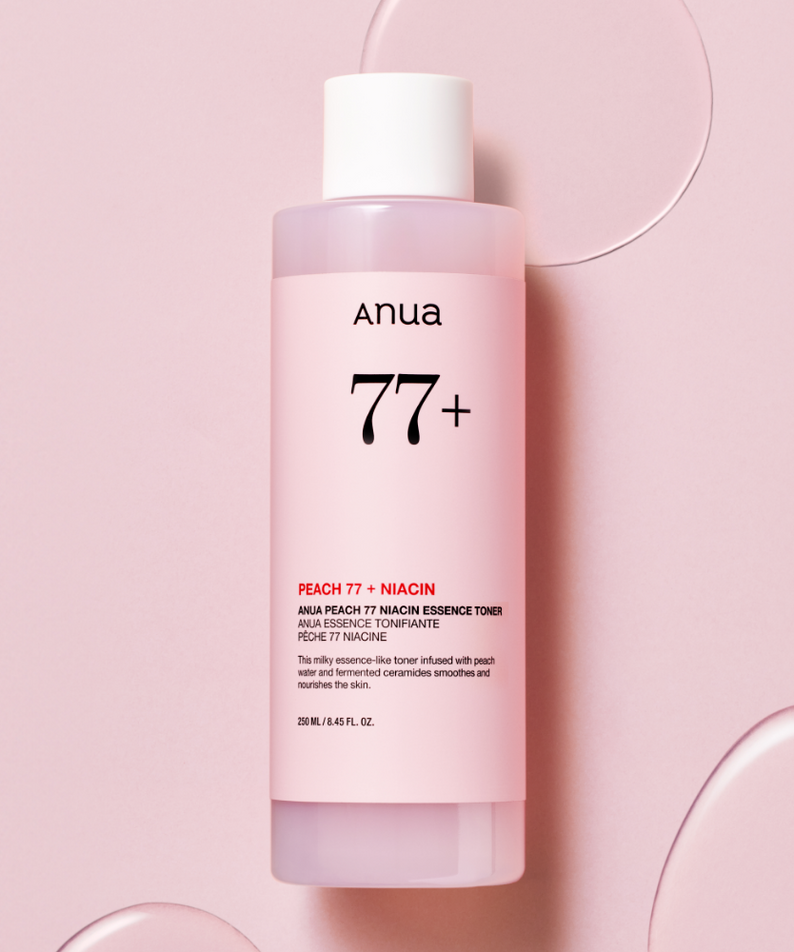 ANUA Peach 77 + Niacin Essence Toner 250ml de la marque ANUA, flacon rose sur fond pastel décoratif