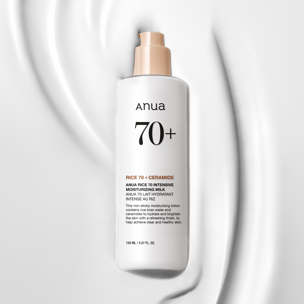 ANUA Rice 70 + Ceramide Intensive Moisturizing Milk 150ml : flacon crème hydratante ANUA sur fond minimal lumineux.