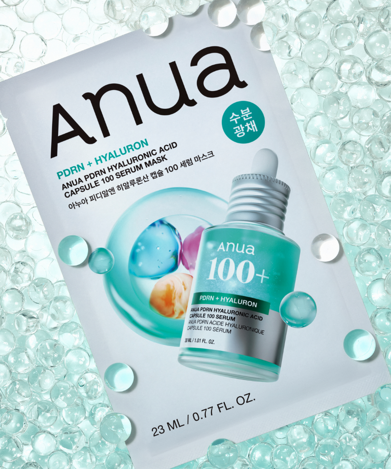 ANUA PDRN Hyaluronic Acid Capsule 100 Serum Mask : boîte et flacon Anua sur fond à bulles, sérum hydratant.