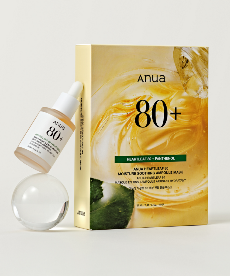 ANUA Heartleaf 80 + Panthenol Moisture Soothing Ampoule Mask, boîte et flacon sur fond blanc, marque ANUA
