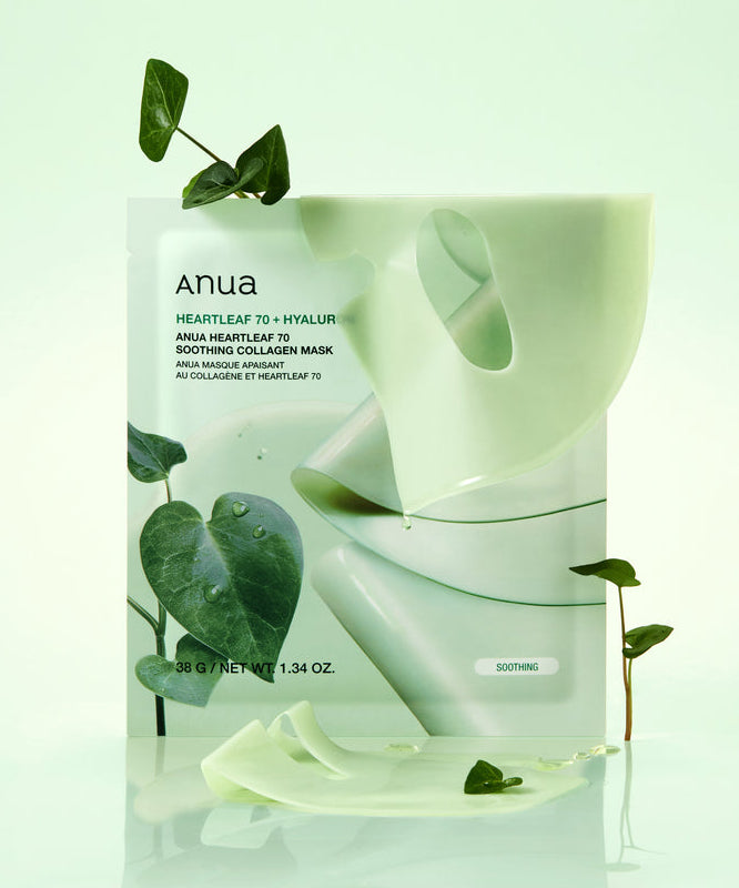 Masque apaisant ANUA Heartleaf 70 Soothing Collagen Mask 4pcs avec extraits de feuille de cœur et collagène.