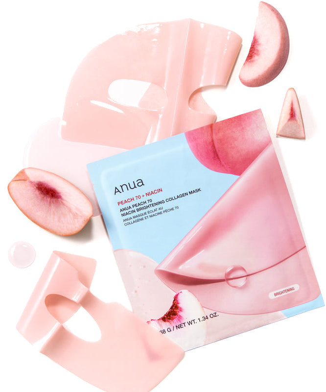 Masque ANUA Peach 70 Niacin Brightening Collagen 4pcs, soin du visage illuminateur et hydratant en sachet avec morceaux de pêche.