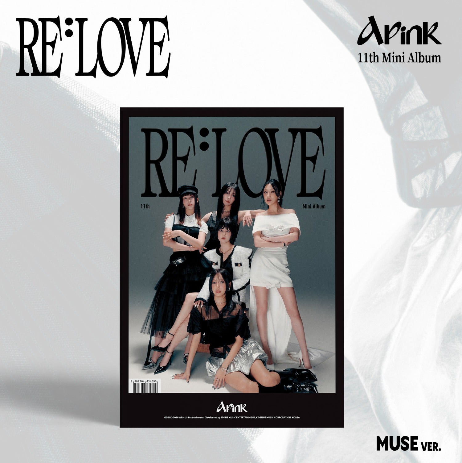 APINK - [RE : LOVE] (MUSE VER.) - Album Kpop, couverture avec groupe APINK en tenue, fond lumineux RE:LOVE