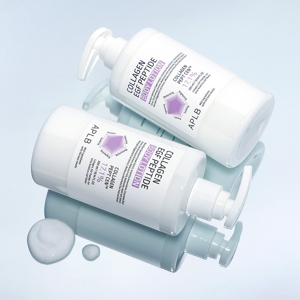 APLB Collagen EGF Peptide Body Lotion, flacons APLB sur fond bleu clair, texture de crème visible
