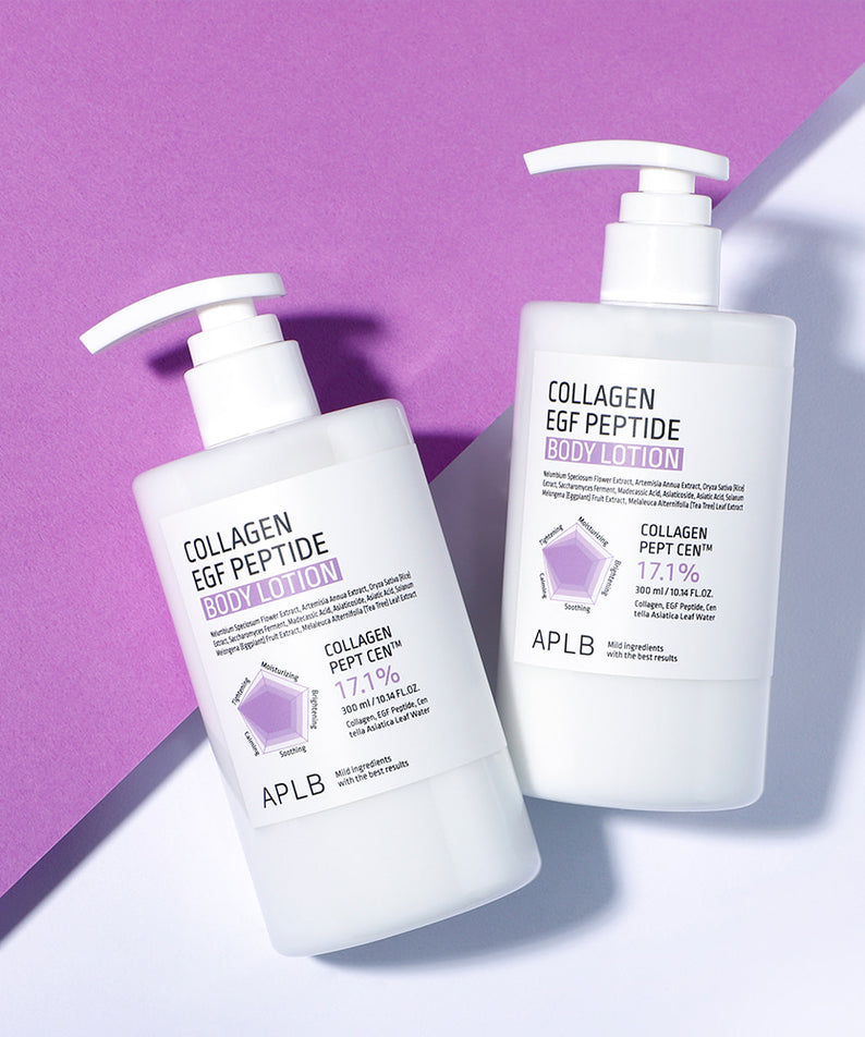APLB Collagen EGF Peptide Body Lotion de la marque APLB, flacons sur fond violet et blanc, style cosmétique.