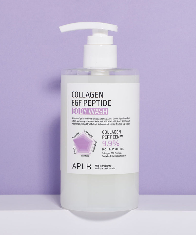 APL B Collagen EGF Peptide Body Wash 300ml APLB sur fond violet, flacon avec pompe et texte produit en gros plan.