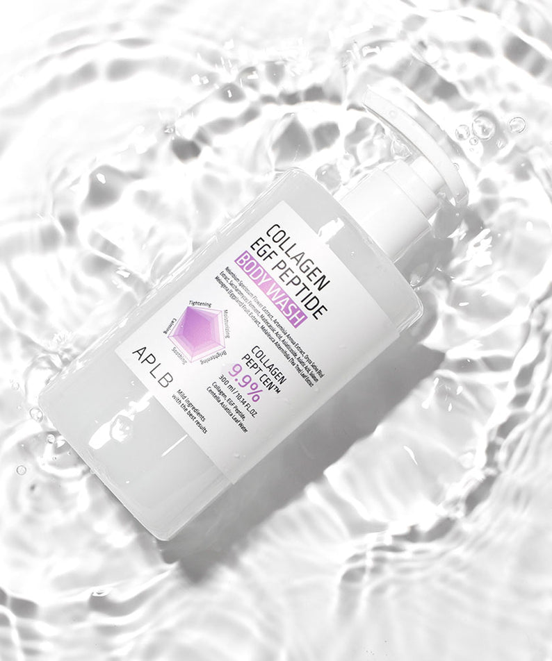 APLB Collagen EGF Peptide Body Wash 300ml, flacon APLB sur fond blanc avec bulles, douche moussante, produit cosmétique