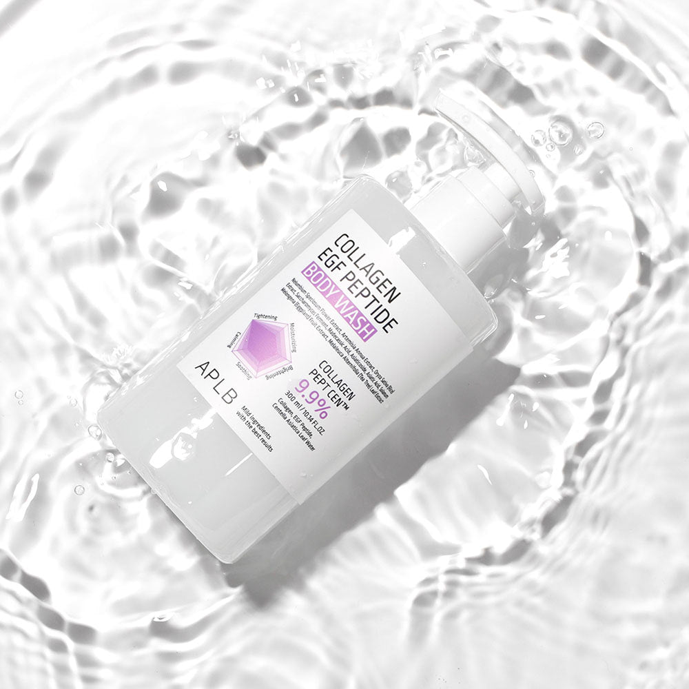 APLB Collagen EGF Peptide Body Wash 300ml, flacon APLB sur fond blanc avec bulles, douche moussante, produit cosmétique