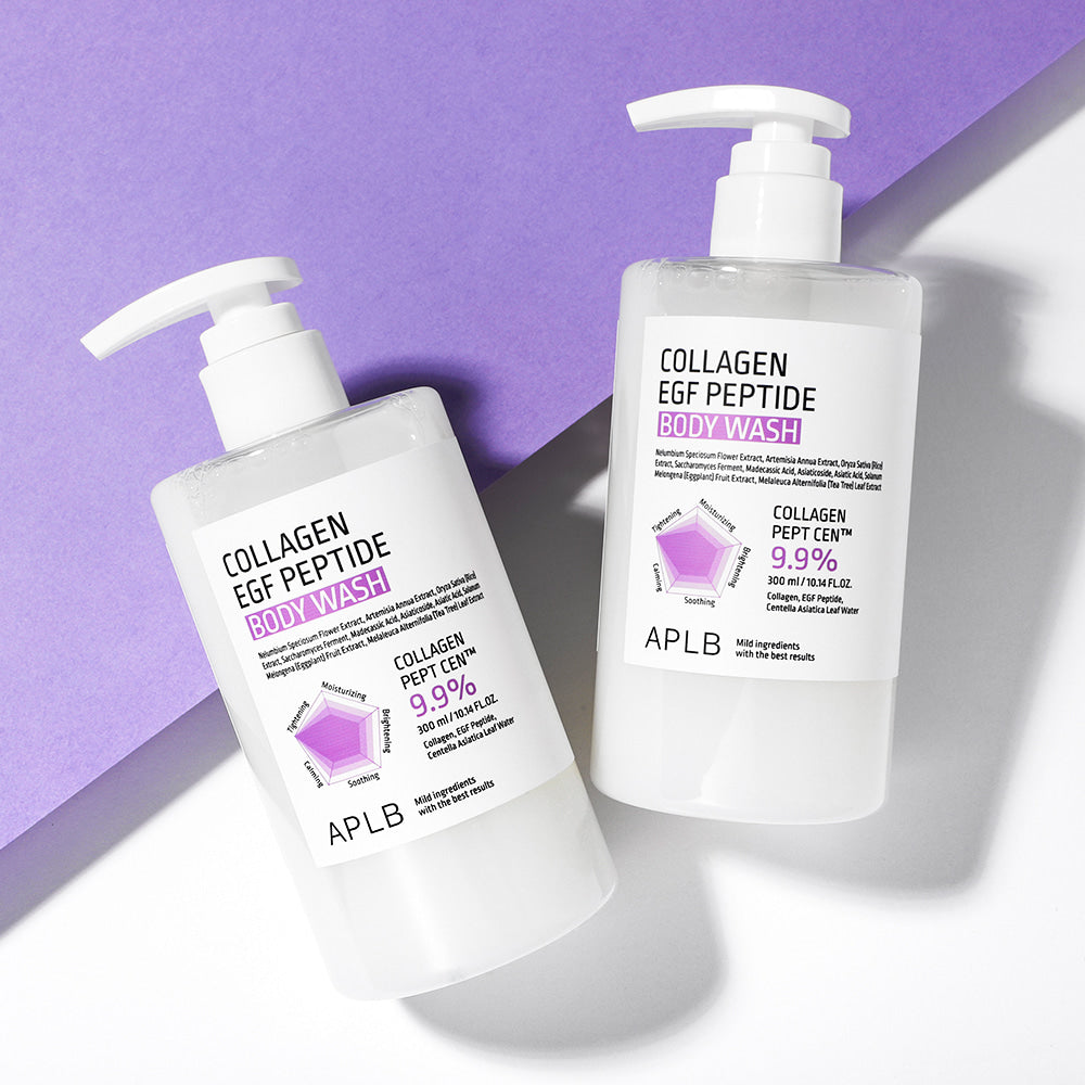 APLB Collagen EGF Peptide Body Wash 300ml, flacons avec pompe sur fond violet, produit APLB en contexte cosmétique