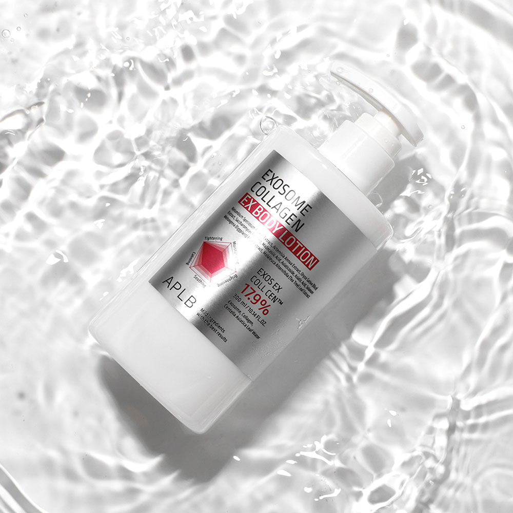 APLB Exosome Collagen EX Body Lotion 300ml par APLB, flacon sur fond blanc façon bulles, image produit en studio.