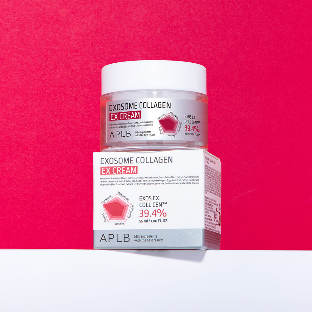 APLB Exosome Collagen EX Cream 55ml, crème APLB en pot sur fond rouge, vue produit en studio