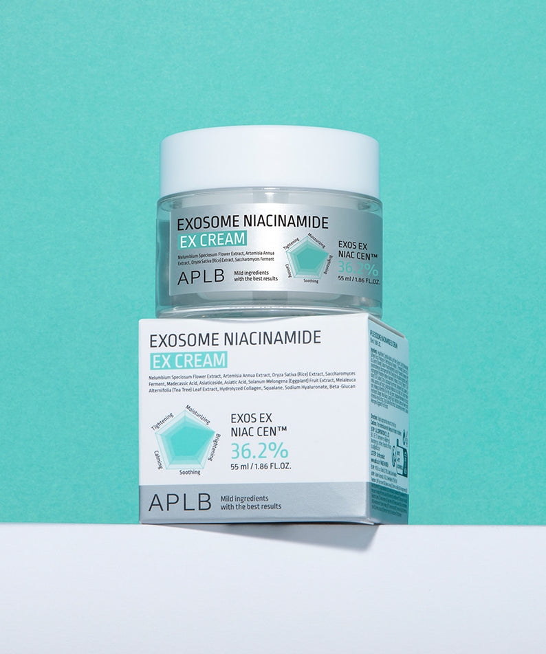 APLB Exosome Niacinamide EX Cream 55ml de la marque APLB, crème cosmétique sur fond turquoise, packaging produit en vue.