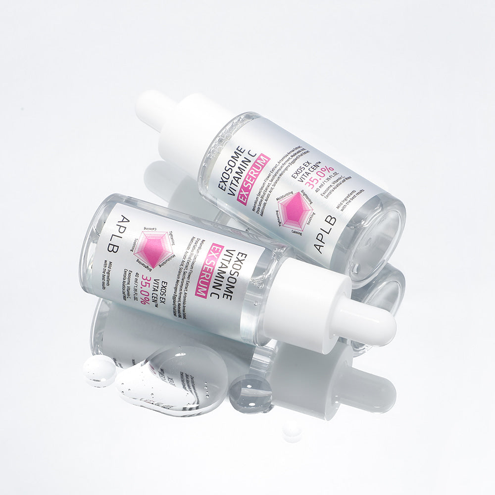 APLB Exosome Vitamin C EX Serum 40ml de la marque APLB, sur fond blanc, flacon et packaging visuels.