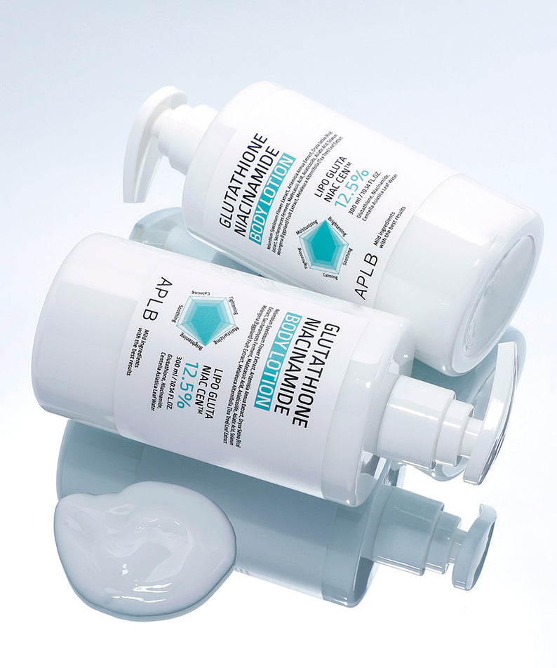 APL B Glutathione Niacinamide Body Lotion 300ml de la marque APLB, flacons sur fond blanc, photo produit.