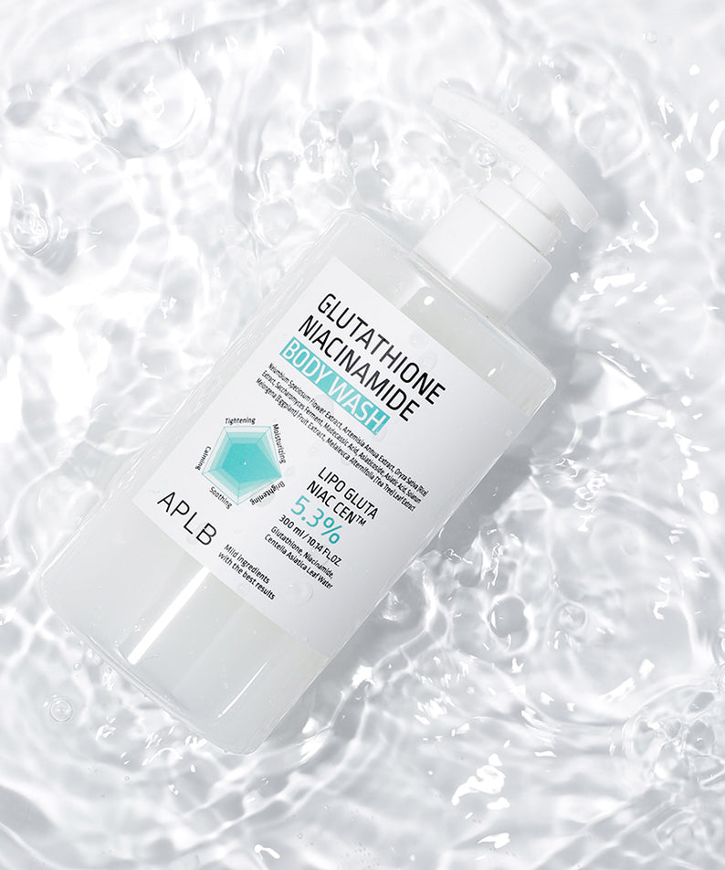 Décris l'image en français en mentionnant le produit, la marque et le contexte visuel : APLB Glutathione Niacinamide Body Wash 300ml