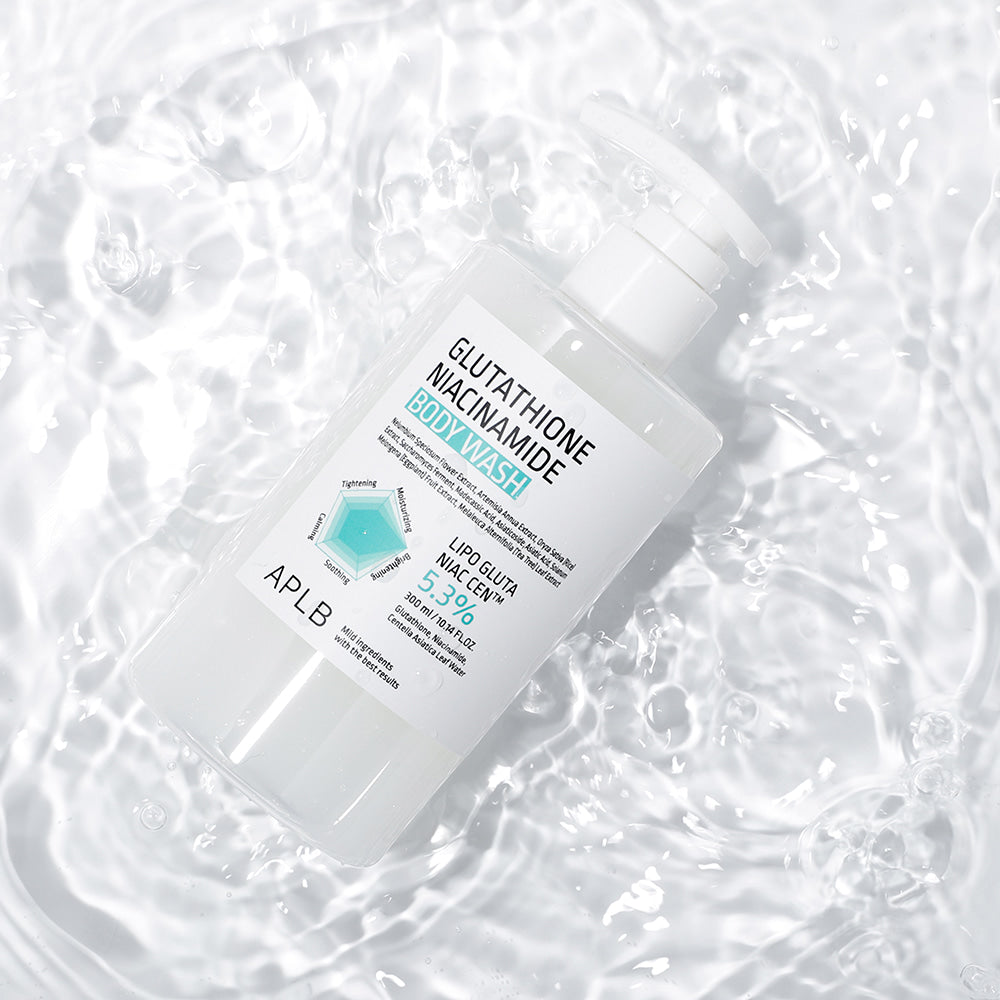 Décris l'image en français en mentionnant le produit, la marque et le contexte visuel : APLB Glutathione Niacinamide Body Wash 300ml