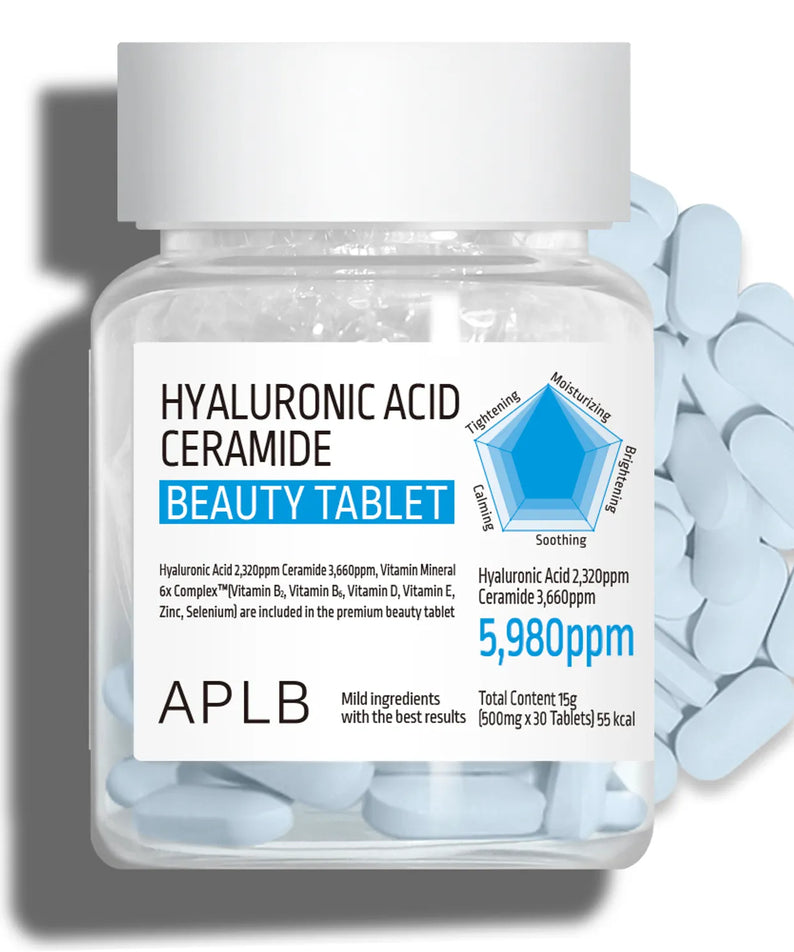 APL B Hyaluronic Acid Ceramide Beauty Tablet de la marque APLB, flacon blanc et gélules bleues en arrière-plan, concept soin visage