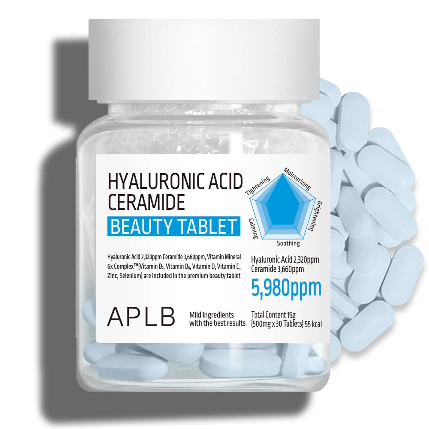 APL B Hyaluronic Acid Ceramide Beauty Tablet de la marque APLB, flacon blanc et gélules bleues en arrière-plan, concept soin visage