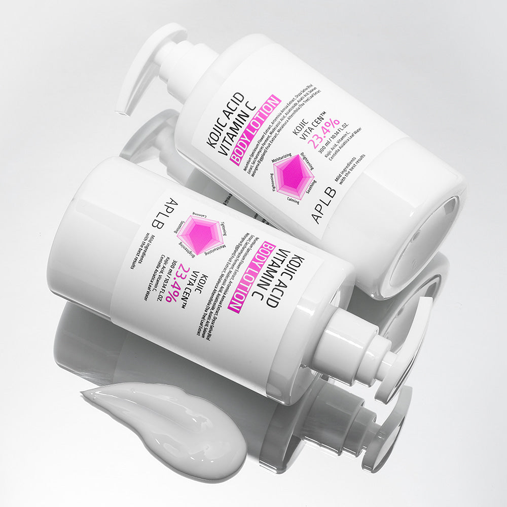 APLВ Kojic Acid Vitamin C Body Lotion 300ml d’APLB en flacon blanc, crème lisse sur fond clair, vue produit.
