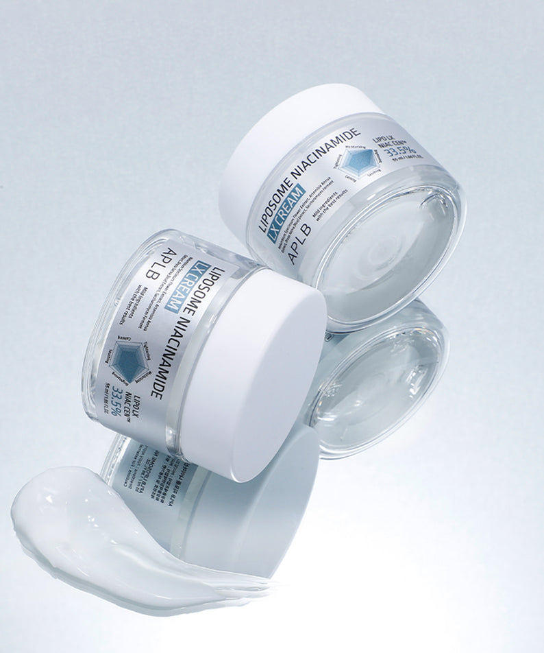 APL B Liposomal Niacinamide LX Cream 55ml APLB, flacons ouverts sur fond clair, texture crème visible, beauté soin visage