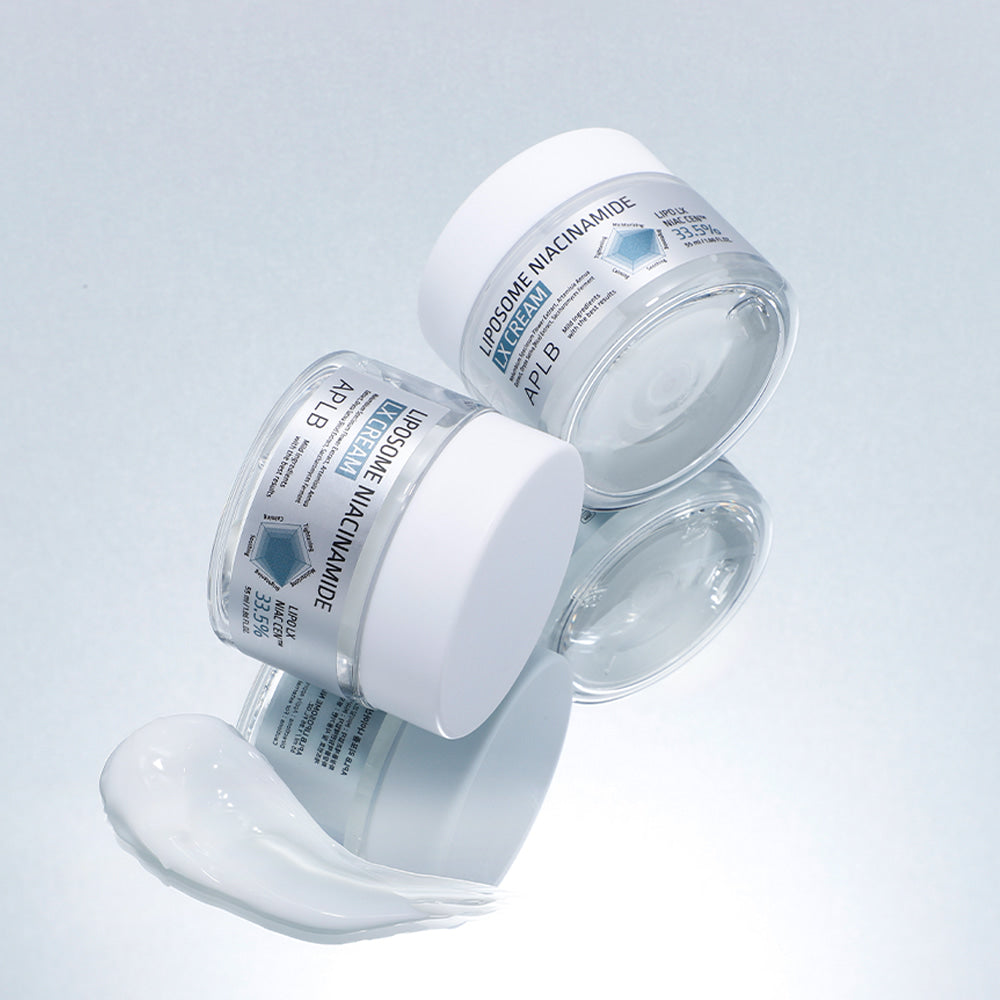 APL B Liposomal Niacinamide LX Cream 55ml APLB, flacons ouverts sur fond clair, texture crème visible, beauté soin visage