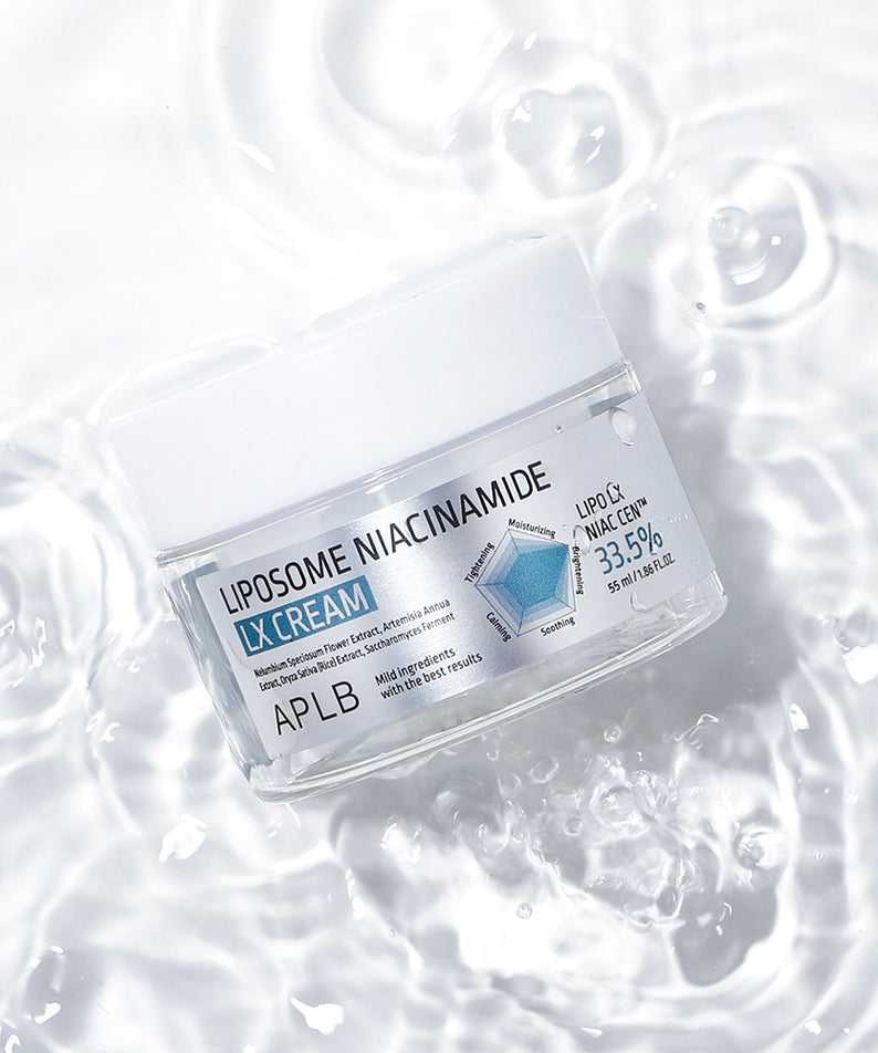 APLB Liposomal Niacinamide LX Cream 55ml par APLB, flacon sur fond blanc de texture hydratante, contexte cosmétique.