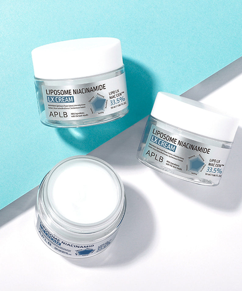 APL B Liposomal Niacinamide LX Cream 55ml, pot crème APLB sur fond bleu, illustration produit soins visage