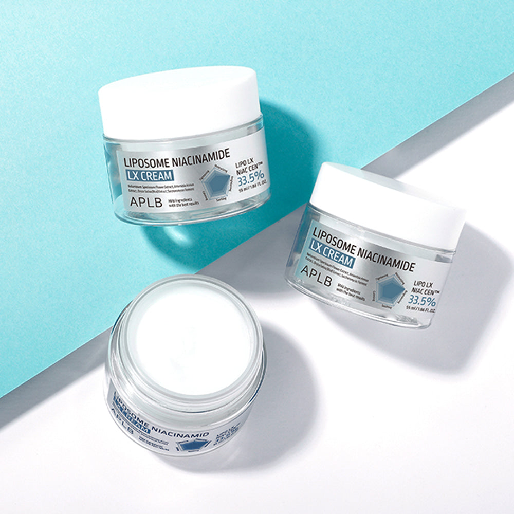 APL B Liposomal Niacinamide LX Cream 55ml, pot crème APLB sur fond bleu, illustration produit soins visage