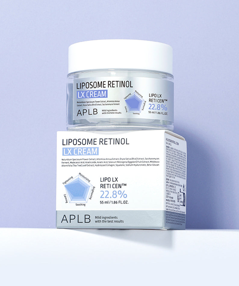 APLB Liposomal Retinol LX Cream 55ml, crème visage au retinol en flacon sur fond bleu clair, marque APLB