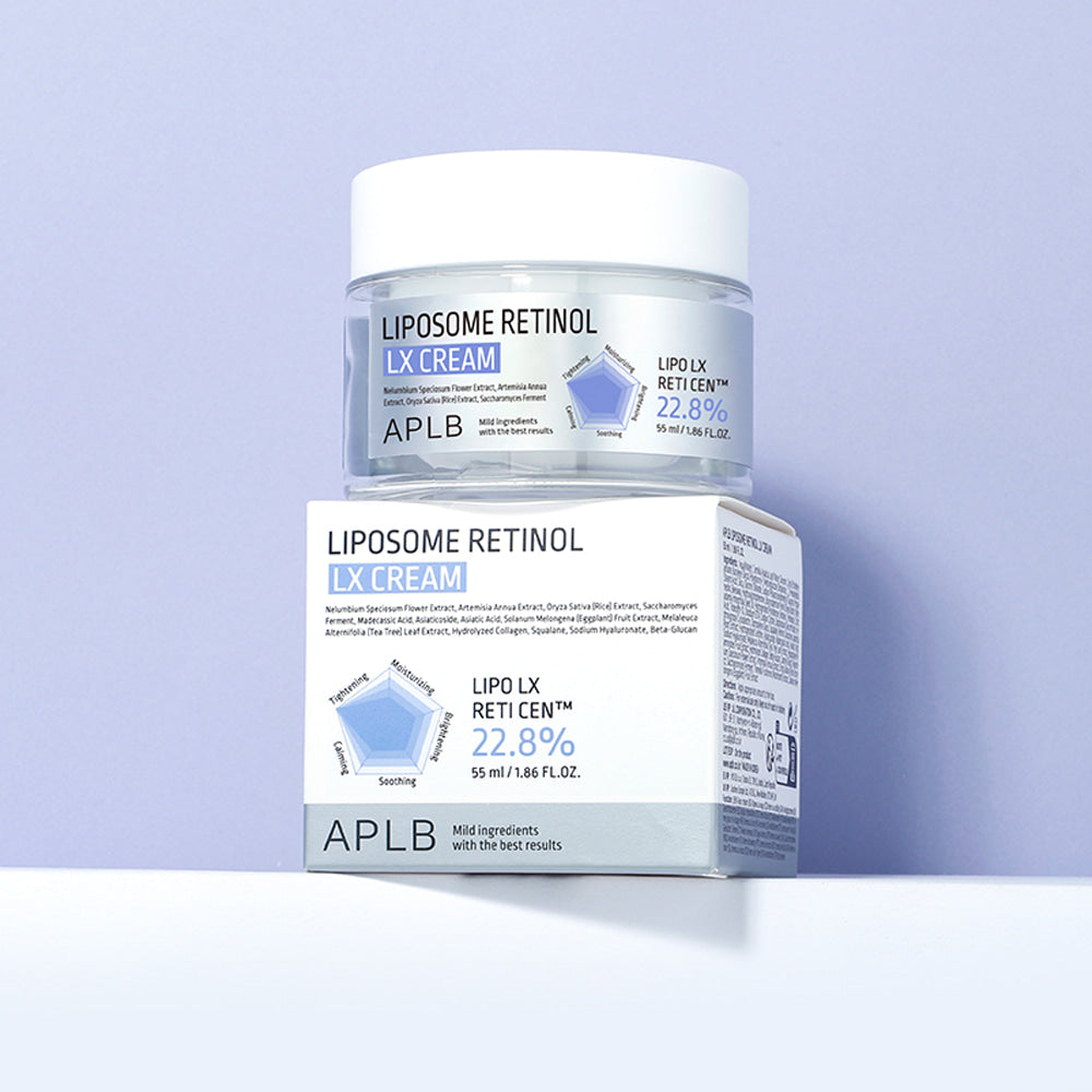 APLB Liposomal Retinol LX Cream 55ml, crème visage au retinol en flacon sur fond bleu clair, marque APLB