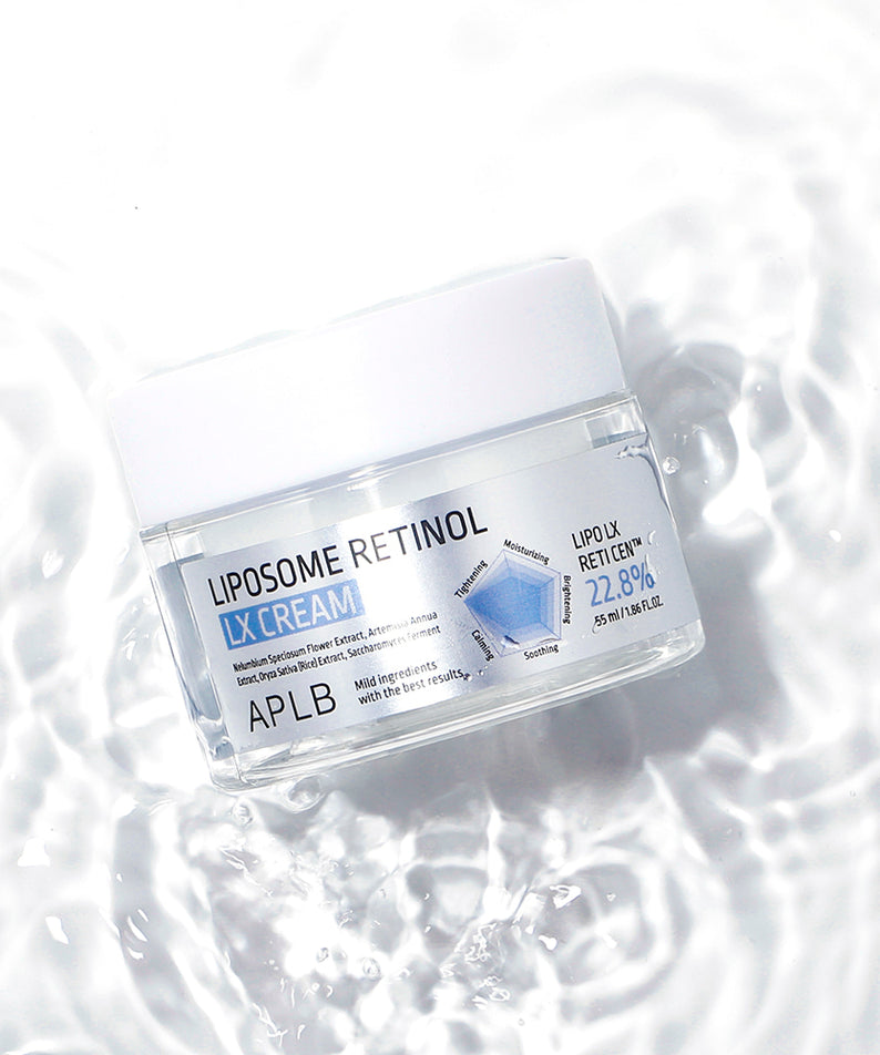 APLB Liposomal Retinol LX Cream 55ml, pot en verre sur fond blanc, marque APLB, contexte soins visage.