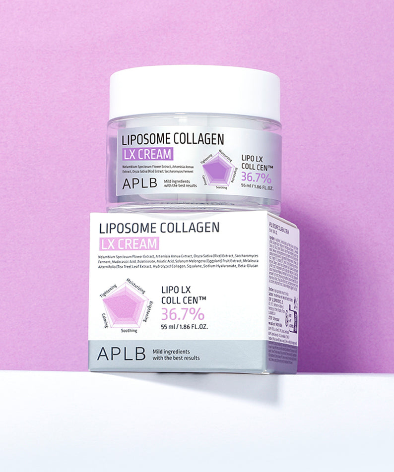 APLB Liposome Collagen LX Cream 55ml, pot crème sur fond rose, marque APLB, présentation produit cosmétique.