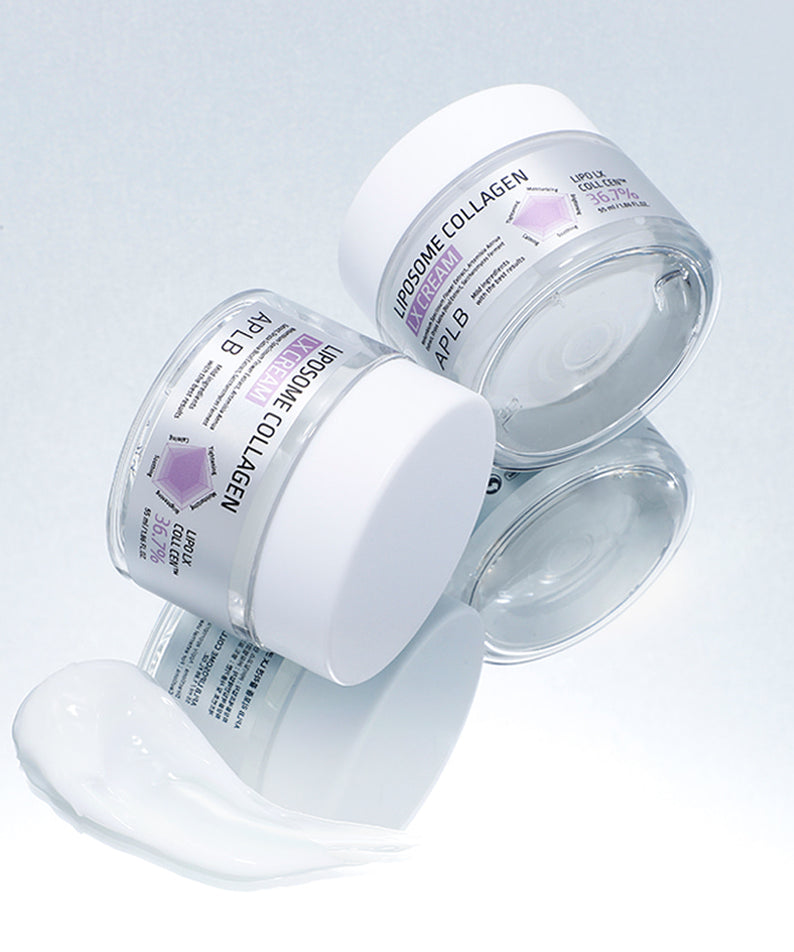 APLB Liposome Collagen LX Cream 55ml de la marque APLB, crème blanche en présentation sur fond clair, flacons et texture