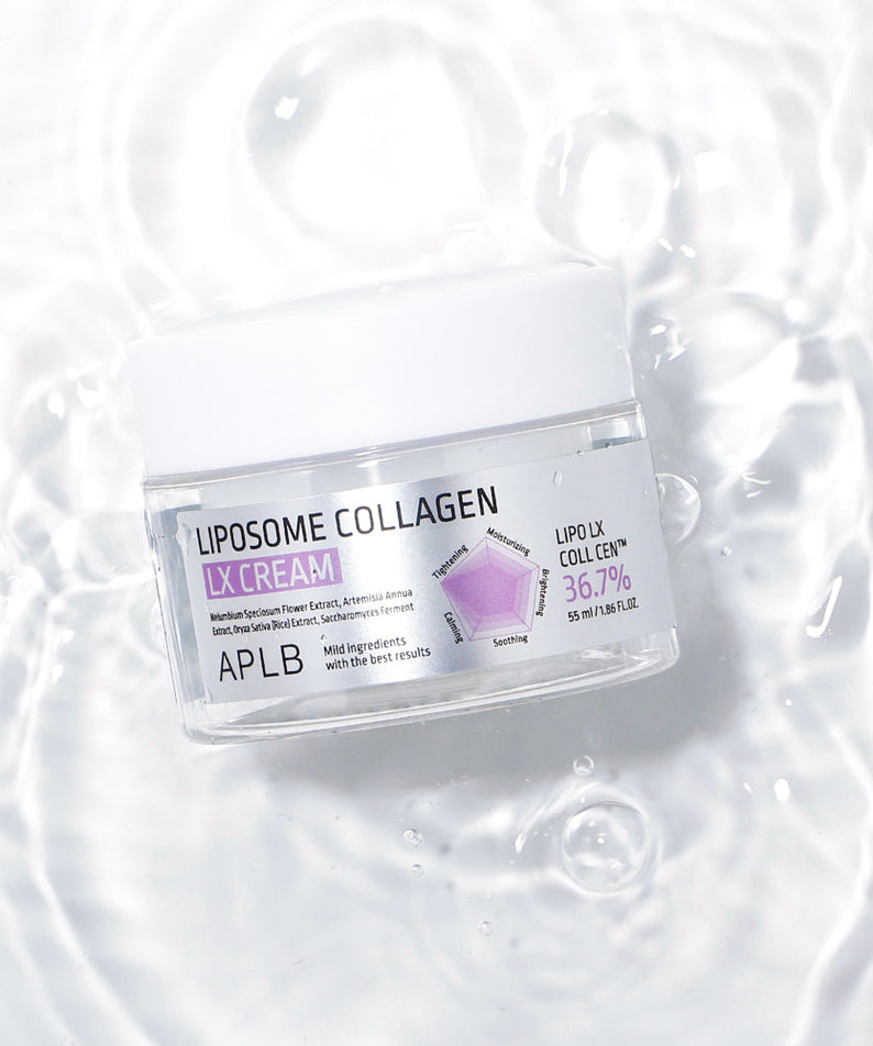 APL B Liposome Collagen LX Cream 55ml APLB, pot de crème hydratante sur fond blanc, texture de lotion