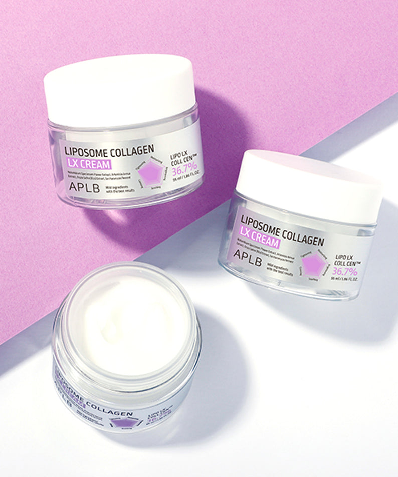 APLB Liposome Collagen LX Cream 55ml, crème anti-âge APLB en pot sur fond rose, vue produit au studio.
