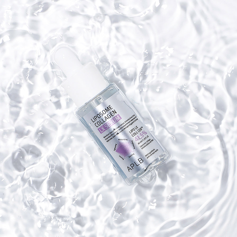 APLB Liposome Collagen LX Serum 40ml de la marque APLB, flacon sur fond blanc et bulles, produit de soin visage