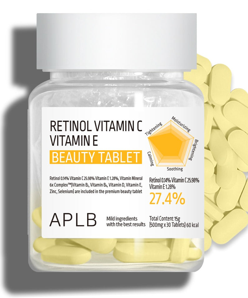APLB Retinol Vitamin C Vitamin E Beauty Tablet APLB, flacon en verre sur fond clair, flocons jaunes en arrière-plan.