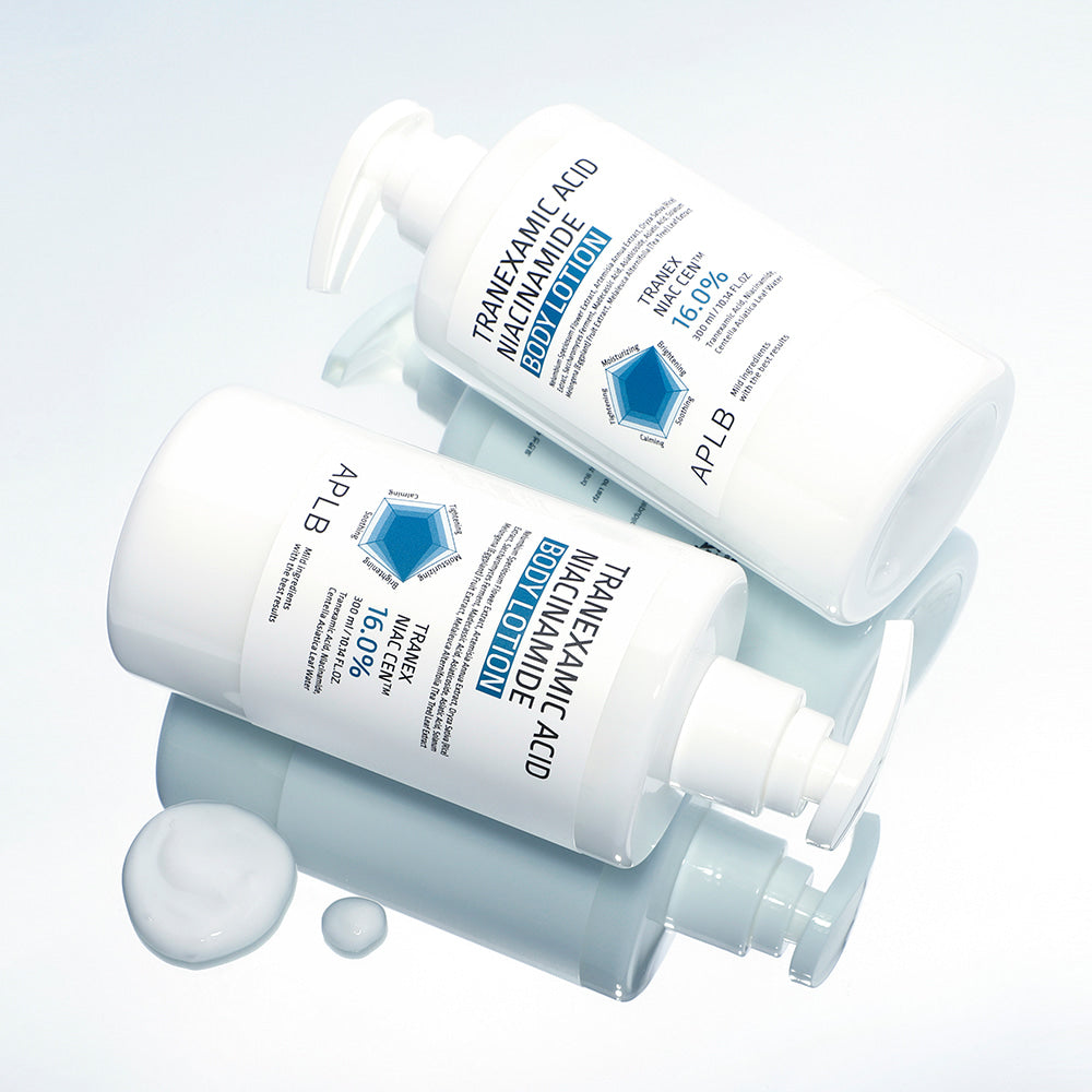 APLB Tranexamic Acid Niacinamide Body Lotion par APLB, bouteilles sur fond clair avec flacons cosmétique et logo, visuel produit.