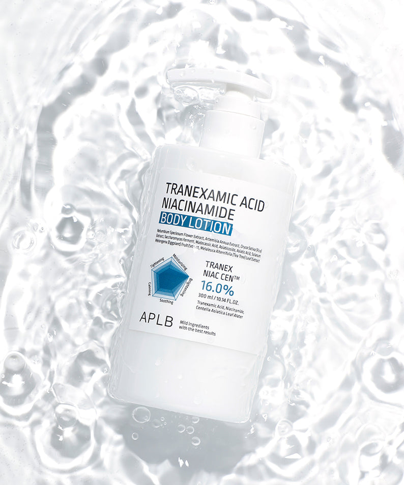 APLB Tranexamic Acid Niacinamide Body Lotion : flacon sur fond blanc avec bulles, soin visage-corps apaisant APLB.