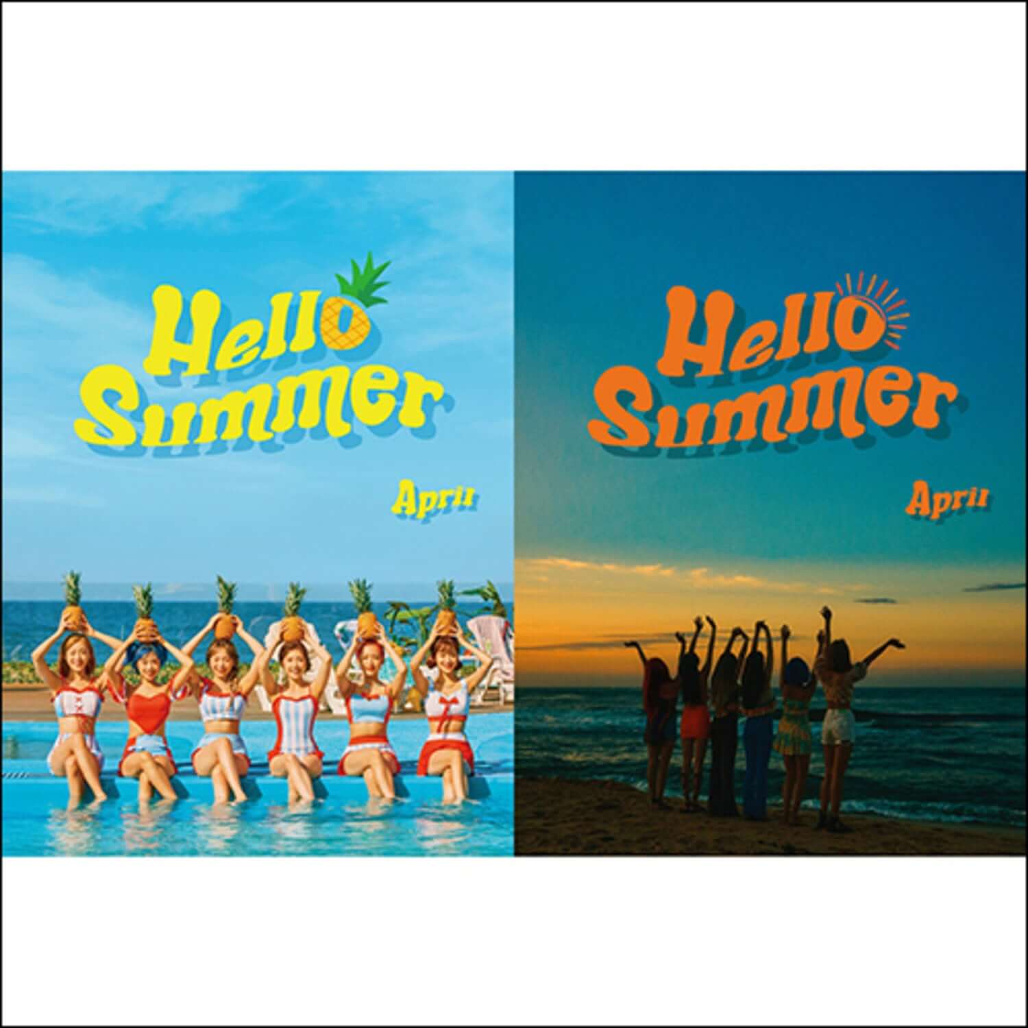 APRIL - [HELLO SUMMER] - Album Kpop, pochette Hello Summer, plage ensoleillée, visuel été avec APRIL, concept coloré