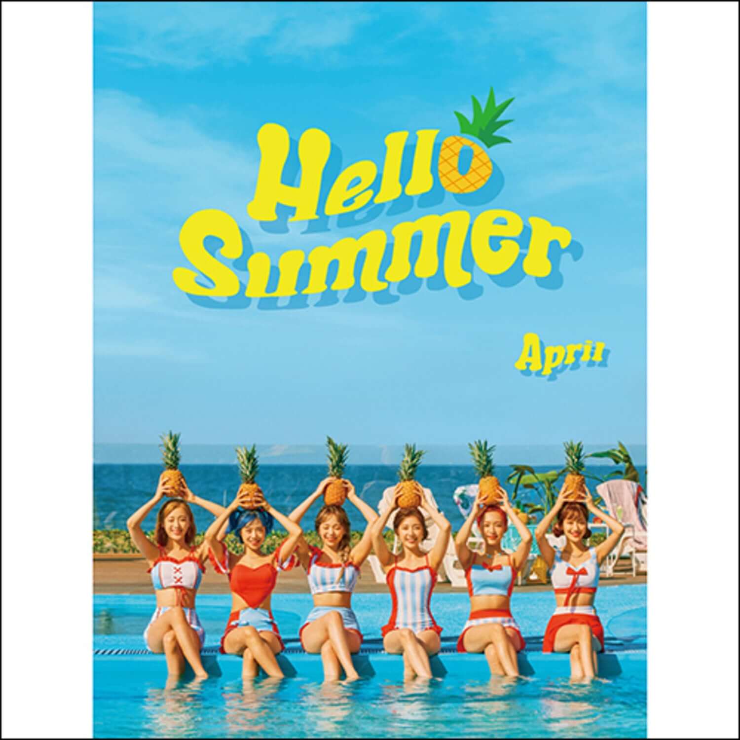 APRIL - [HELLO SUMMER] (SUMMER DAY VER.) - Album Kpop par APRIL, visuel plage “Hello Summer” avec groupe au bord de mer