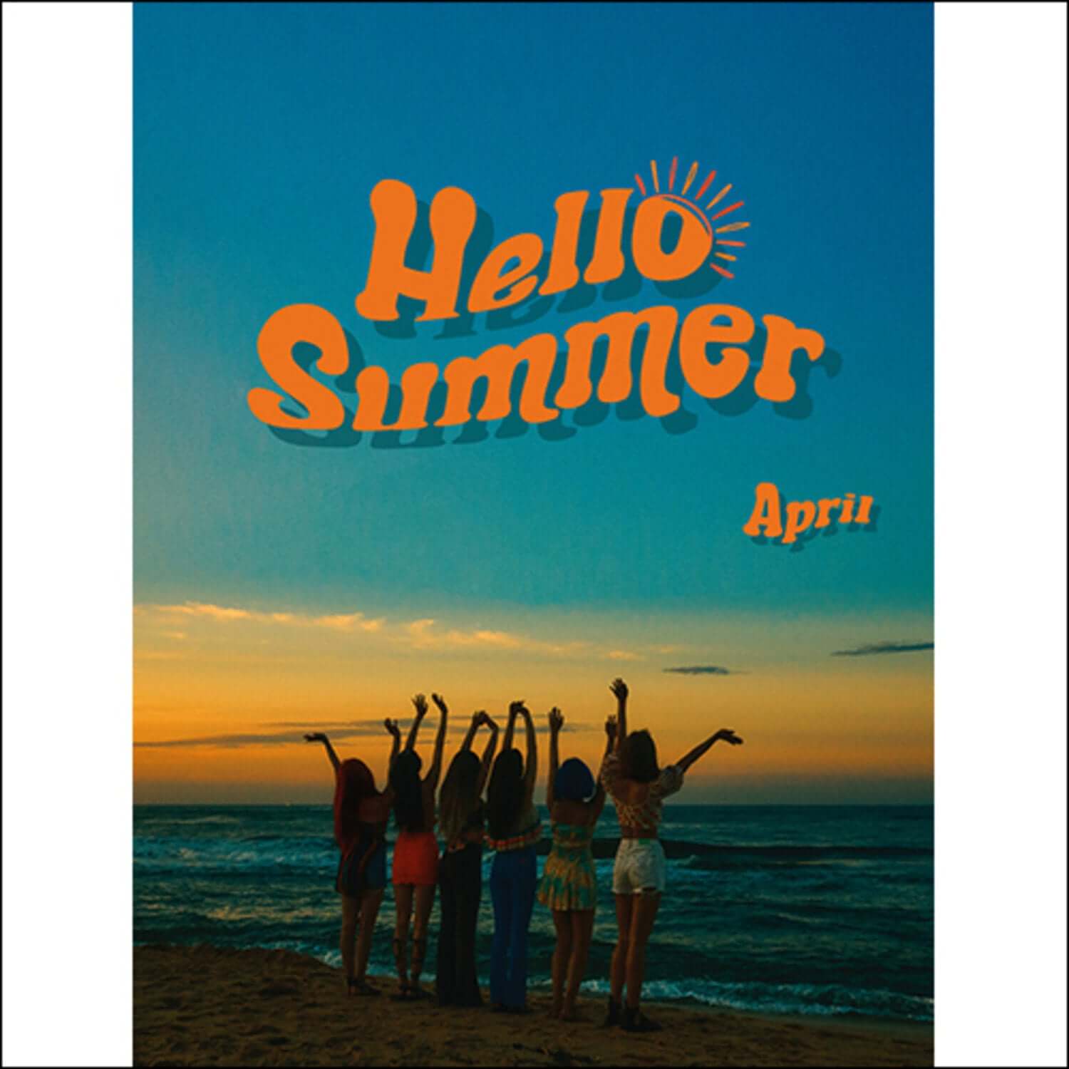 APRIL - [HELLO SUMMER] (SUMMER NIGHT VER.) - Album Kpop, pochette Hello Summer, plage au coucher de soleil, visuel été.
