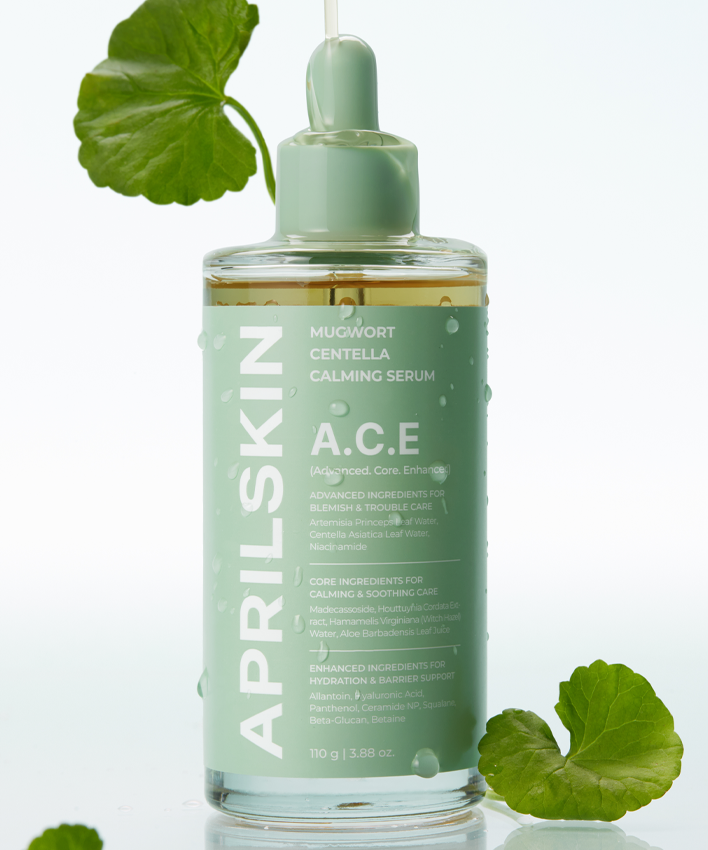 APRILSKIN Centella Calming Ampoule 110g par APRILSKIN, flacon vert sur fond clair avec feuilles de centella